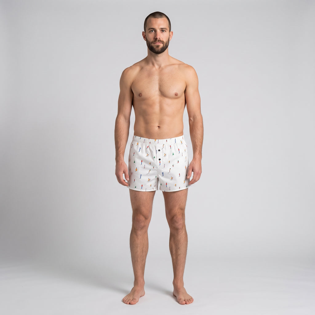 Unisex Cotton Boxer | KAYA x Mulehet | White, Blue & Brick Red, worn, front view, second colourway