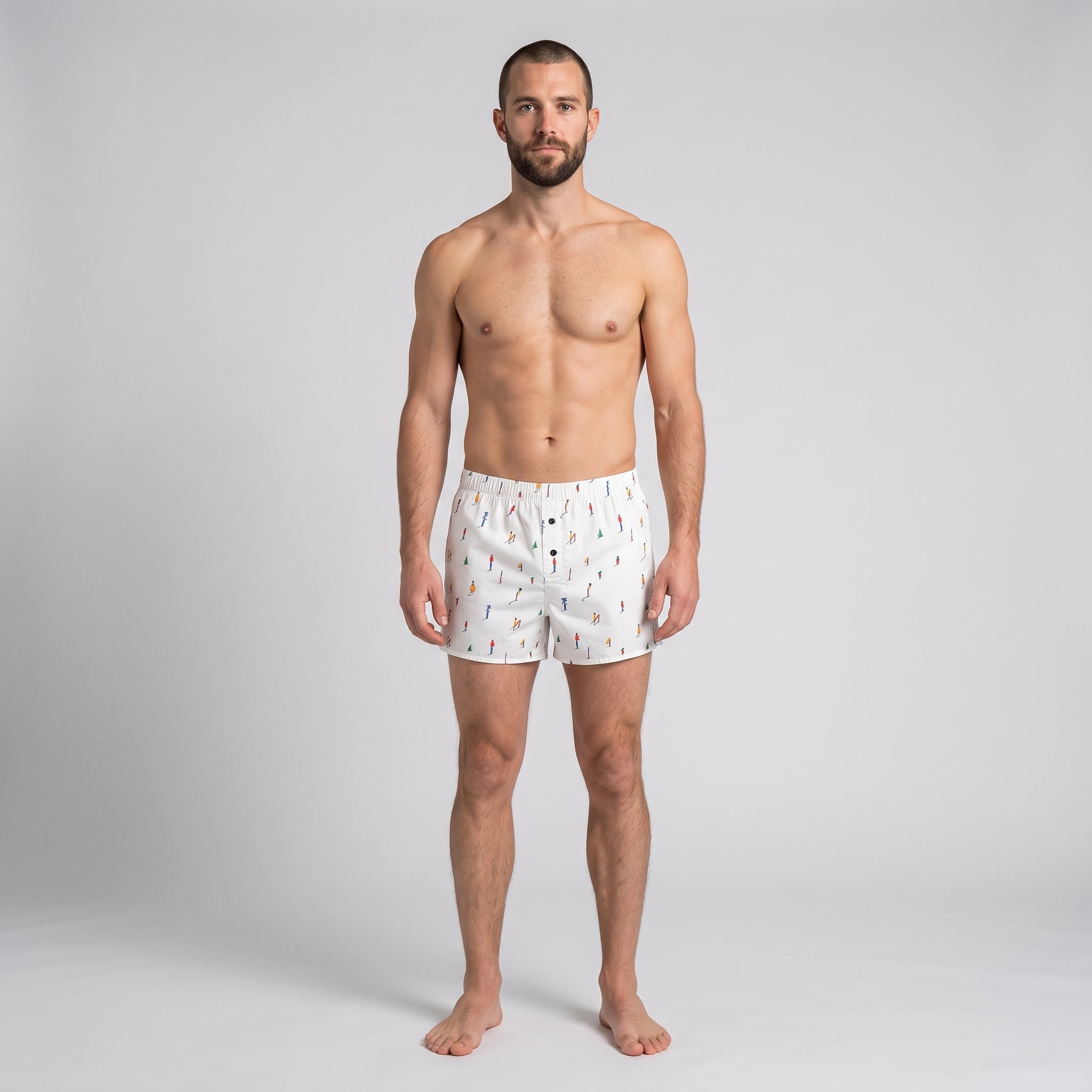 Unisex Cotton Boxer | KAYA x Mulehet | White, Blue & Brick Red, worn, front view, second colourway