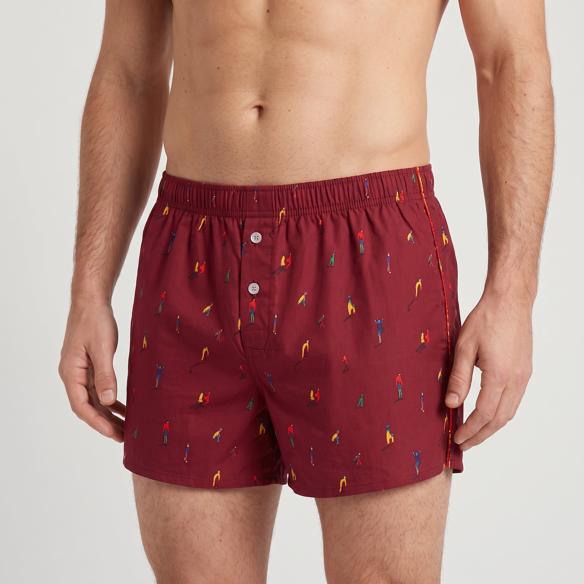 Unisex Cotton Boxer | KAYA x Mulehet | White, Blue & Brick Red, worn, close-up