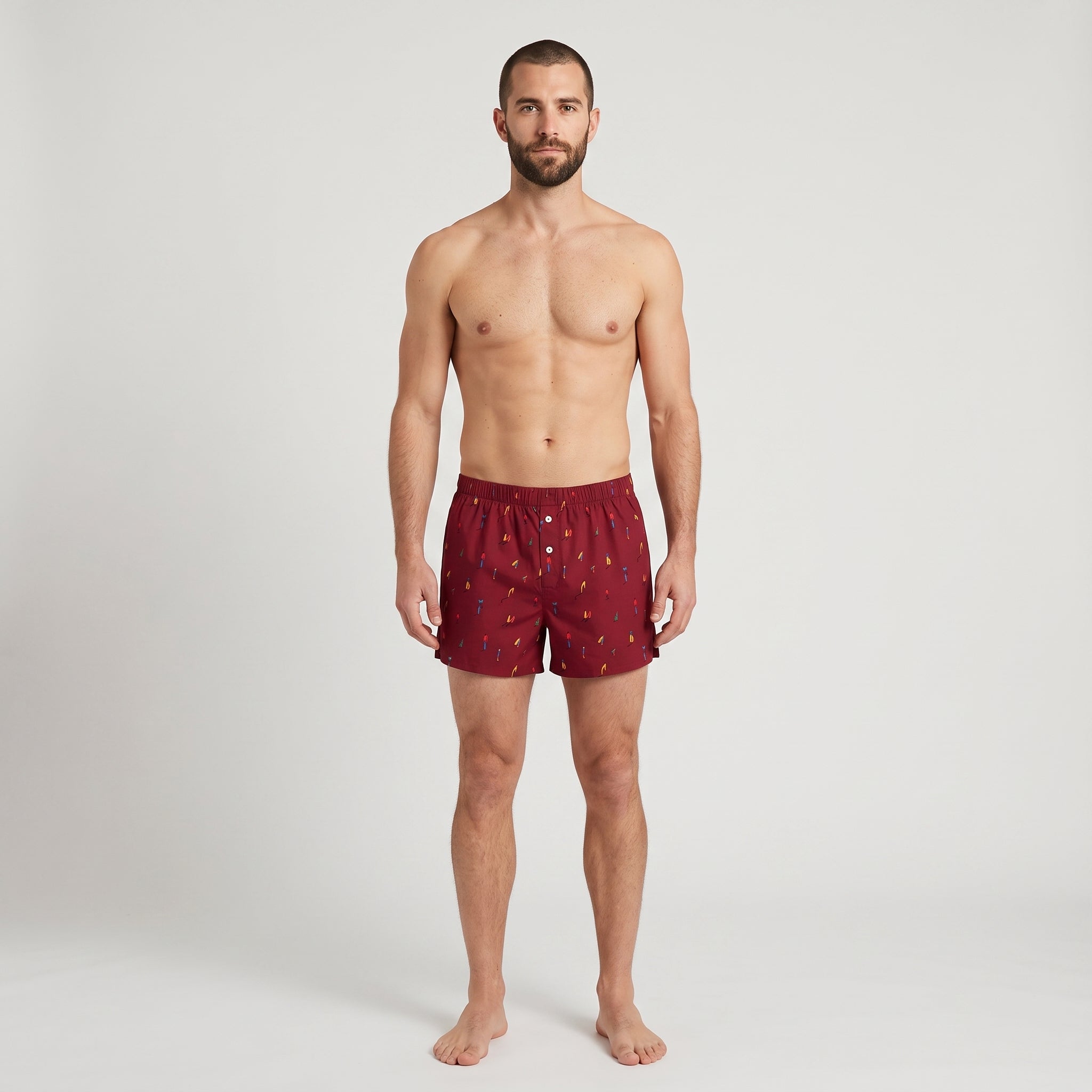 Unisex Cotton Boxer | KAYA x Mulehet | White, Blue & Brick Red, worn, front view