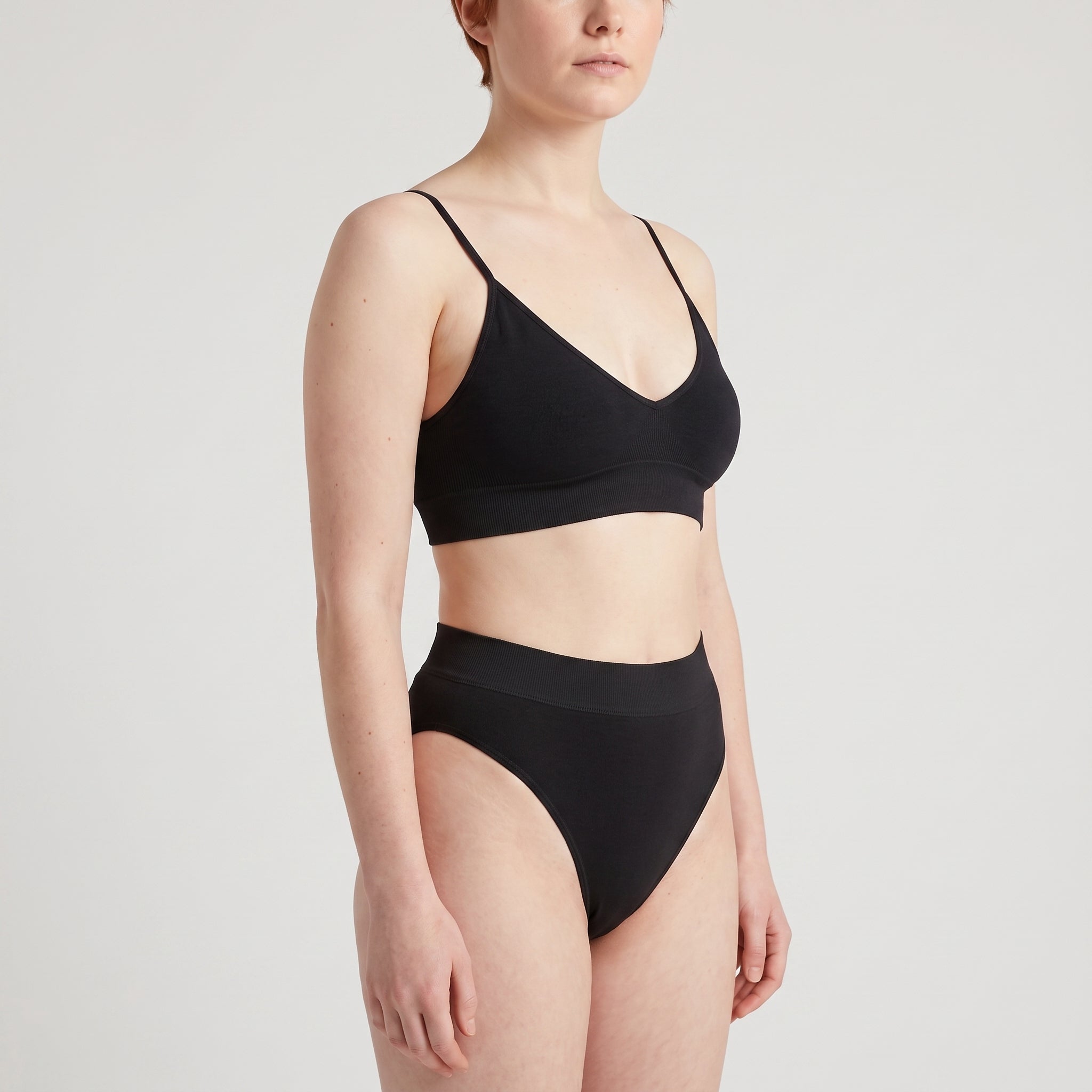 V-Neck Bra Top + Plain French Brief Set, worn, close-up