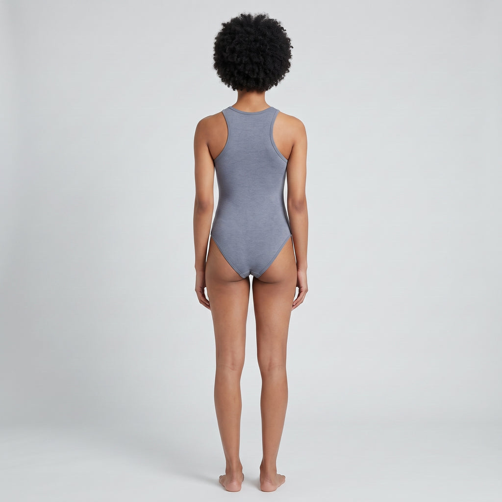 Women's High-Neck Thong Bodysuit, worn, back view